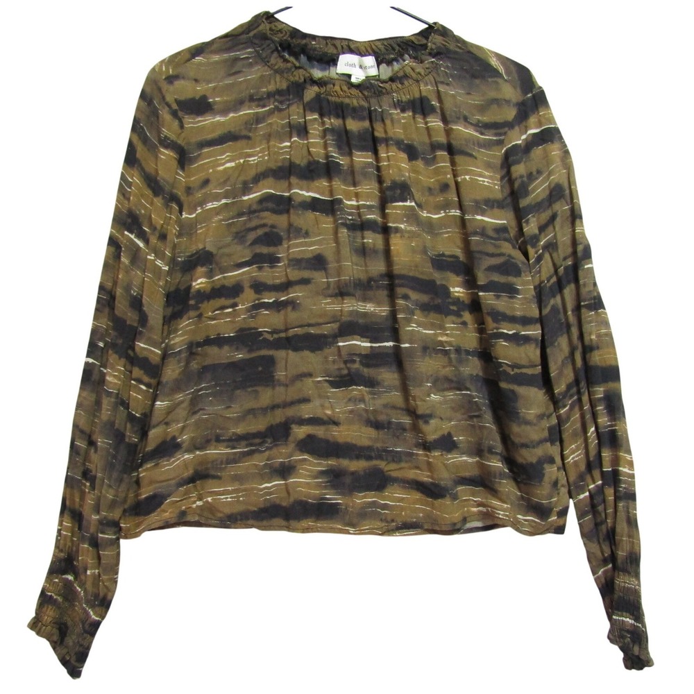 Cloth & Stone Blouse Womens L Olive Brown Abstract Stripe Smocked Neck